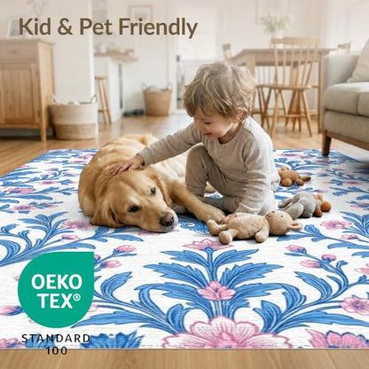 2'x3' Blue Pink Chinoiserie Toile Way Motif Washable Throw Rug - color: Blue/Pattern 1, size: 2' x 3' (Rectangular)