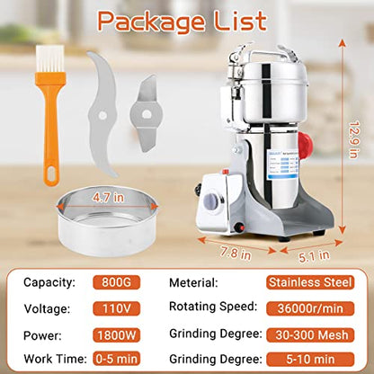 Electric Grain Mill Grinder 800g High-speed Grain Spice Herb 1800W Dry Grinding Machine 304 Stainless Steel Superfine powder High-speed Grain Mill 36000r/min for Kitchen Home and Commercial - size: 800G