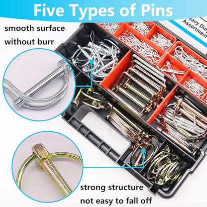 202Pcs Hitch Pins Clip Pins Assortment Kit, Heavy Duty Hitch Pins R Clip, Linch Pins, PTO Pins Trailer Truck Towing Tractor Accessories Three-Point Accessories for Lawn Garden Farm Equipment