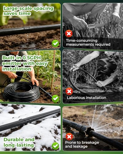 1/4" Drip Irrigation Tubing with 6" Emitter Spacing, (500 Ft Roll) Hydroponics Dripline with Built-in 0.5 GPH Dripper, Drip Line for Irrigation, Garden Beds and Greenhouses (Black) - size: 500FT