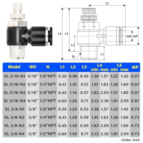 TAILONZ 3/8" x 1/4" NPT SL-3/8-N2 Elbow Flow Control Valve 3pcs - size: 3/8"OD1/4"NPT