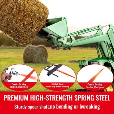 Happybuy 39" Hay Spear, 1600lbs Capacity, Skid Steer Loader Attachment with 2 Stabilizer Spears & 60" Chain, Quick Attach Forks