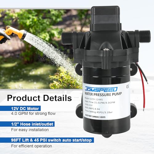 RV Water Pump, 12V DC 4.0 GPM 45 PSI, Self-Priming Diaphragm Pressure Pump - size: 4.0-12V-45