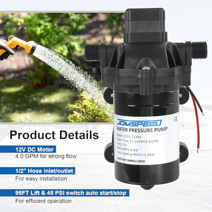 RV Water Pump, 12V DC 4.0 GPM 45 PSI, Self-Priming Diaphragm Pressure Pump - size: 4.0-12V-45