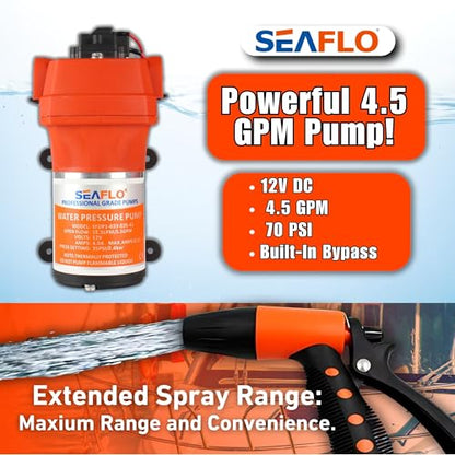 SEAFLO 41-Series Portable Washdown Pump Kit - 12V DC, 4.5 GPM, 70 PSI | Self-Priming, Adjustable Sprayer, Built-In Bypass Valve | Marine, RV, and Agriculture, Compact & Durable with 4-Year Warranty