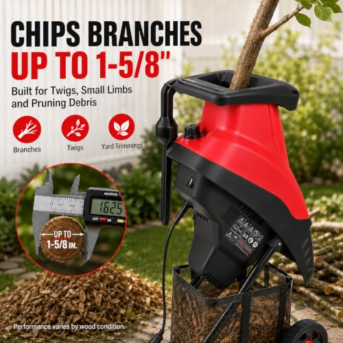PowerSmart Electric Wood Chipper Shredder, 15-Amp|4500RPM Corded Wood Chipper for Branches Up to 1-5/8 Inch, Portable Yard Waste Shredder with 50L Collection Bag for Garden, Lawn & Landscaping Cleanup