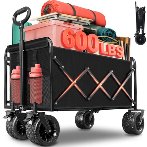 Collapsible Wagon Cart with All-Terrain Wheels - Folding Utility 600LBS Heavy Duty Wagons Carts for Grocery Sports Garden Shopping Camping Fishing (Black, 220L) - size: 600LBS