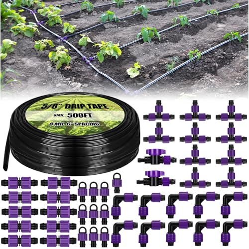 Tondiamo 500' 5/8 Inch Drip Tape Irrigation Tubing Kit 8 Mil 6" Spacing Garden Hose Watering Tube Line Automatic Equipment for Garden Irrigation System Farms, Landscape, Lawn - size: 500', 8 Mil
