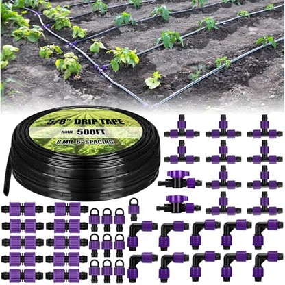 Tondiamo 500' 5/8 Inch Drip Tape Irrigation Tubing Kit 8 Mil 6" Spacing Garden Hose Watering Tube Line Automatic Equipment for Garden Irrigation System Farms, Landscape, Lawn - size: 500', 8 Mil