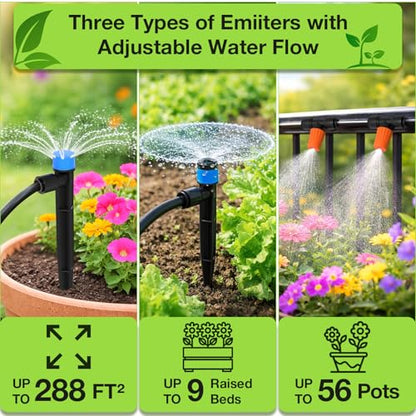 MIXC 300FT Drip Irrigation System Kit, Automatic Garden Misting Watering System with 100FT 1/2" & 200FT 1/4" Irrigation Tubing, Fitting, Adjustable Emitter for Greenhouse Lawn Raised Bed Potted Plant - size: 100FT Main Tube+200FT 1/4'' Tube