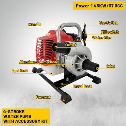 Gas Water Pump 1.5 Inch 2 Stroke,52cc Gas Powered High Pressure Pump 131ft Lift And 19.7ft Suction 1.7kw,Trash Water Pump Irrigation Pump For Farmland Garden