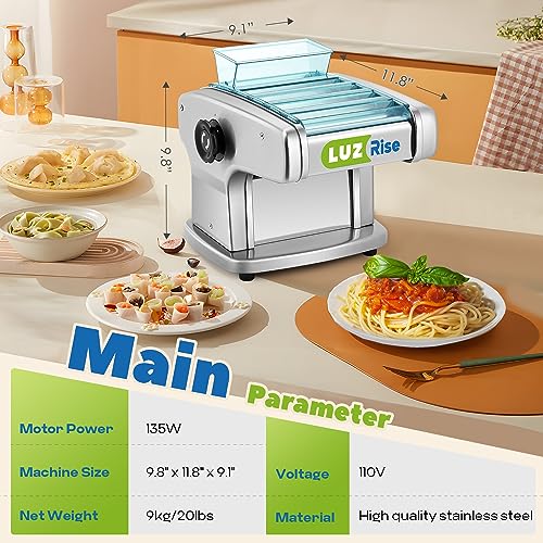 Electric Pasta Maker Automatic Noodle Machine Fresh Pasta Dough Roller Stainless Steel(4 Blades for 2mm,2.5mm,4mm&9mm Flat Noodle,9 Thickness Settings 0.5-5mm,Family Use, Output 10LBS/H,135W) - size: 1.5mm+2.5mm+4mm+9mm Noodles
