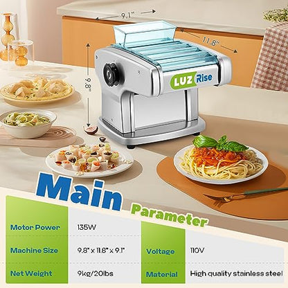 Electric Pasta Maker Automatic Noodle Machine Fresh Pasta Dough Roller Stainless Steel(4 Blades for 2mm,2.5mm,4mm&9mm Flat Noodle,9 Thickness Settings 0.5-5mm,Family Use, Output 10LBS/H,135W) - size: 1.5mm+2.5mm+4mm+9mm Noodles