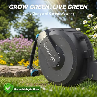Relhost Retractable Garden Hose Reel, 1/2 in x 65 ft Wall Mount Heavy Duty Hose Reel with Any-Length Lock, Auto Rewind System, 180° Swivel Bracket, and 10-Pattern Nozzle for Garden, Dark Grey - color: Dark Grey, size: 65FT