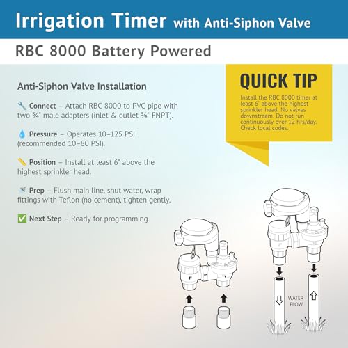 DIG RBC 8000 Battery Powered Irrigation Automatic Controller with 3/4" Anti-Siphon Valve - Advanced, Safe, and Convenient for Sprinklers or Drip Irrigation System