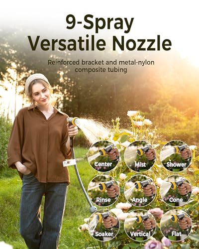 GLAHODEN Retractable Garden Hose Reel 5/8 in x 115 ft Metal Bracket, 2026 Upgraded Dual Ratchet Lock UV & Freeze Protection Brass Seal Slow Retraction Anti-Tangle Hose 180°Swivel - size: 5/8" 115FT Metal Bracket