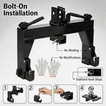 3-Point Quick Hitch for Tractors, 28 in Lower Arm Spacing, 3000 Lb Lift Capacity, 5-Position Adjustable Top Hook, Bolt-on No-Weld/No-Drill Adapter, Heavy-Duty 3x3 Steel, Powder-Coated Black - color: Black with Gloves
