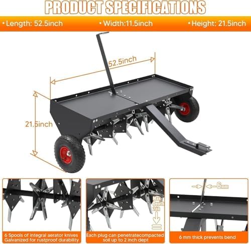 VELPAX 52" Tow Behind Plug Aerator with Transport Wheels, Plug Aerator Tow Behind with 40 Galvanised Steel Tines, Tow Behind Aerator for Gardens, Lawns, Farms