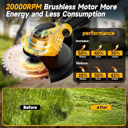 6000mAh 4-in-1 Electric Weed Wacker Cordless, 20000RPM Weed Eater Battery Powered, Heavy Duty Brush Cutter Edger Lawn Tool/Weed Trimmer/Grass Trimmer W/Wheel Metal Blade, 2 Battery Yard Tool - color: YELLOW