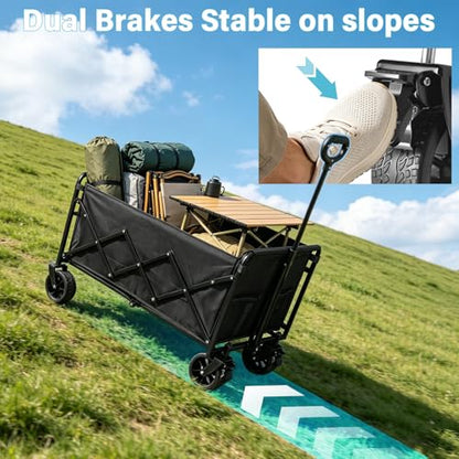 Collapsible Wagon Cart with All-Terrain Wheels - Folding Utility 500LBS Heavy Duty Wagons Carts for Grocery Sports Garden Shopping Camping Fishing (Black, 220L) - size: 500LBS