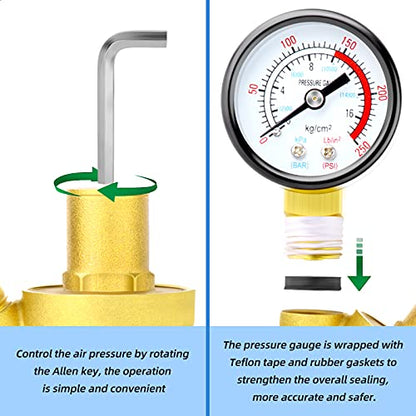 MEANLIN MEASURE 3/4 inch brass Water pressure regulating valve, pressure regulating valve, pressure reducing valve, DN20, with 0-250PSI pressure gauge Yellow - style: 3/4 inch