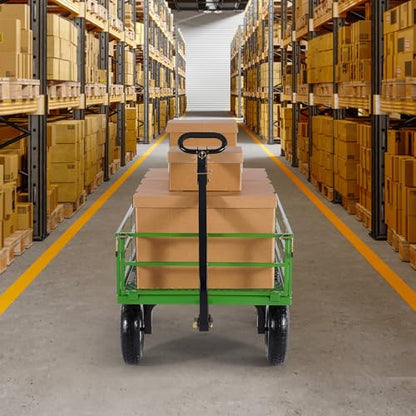 VEVOR 1200 Lbs Steel Garden Cart, Heavy Duty Pullable Garden Wagon Yard Cart, 2 in 1 Outdoor Metal Utility Wagon Yard Trailer with 13" All Terrain Tires, Mesh Removable Sides and 180°Rotating Handle - color: Black+green