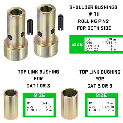 Cat 1 Quick Hitch Adapter Bushing Kit and S07070200 Cat 1 Top Link Pin Fits Category I 3-Point Hitch Tractors