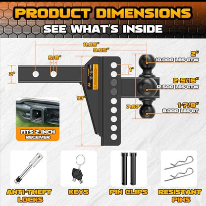 Adjustable Trailer Hitch - Drop Hitch Fit 2" Receiver -8" Drop/Rise