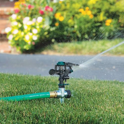 Melnor 65152AMZ Plastic Pulsating Sprinkler on Metal Spike, Quick Connect Amazon Bundle, Black, Green - style: Metal Spike, Plastic Head