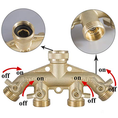 Hourleey Brass Garden Hose Splitter (4 Way), Solid Brass Hose Connector 3/4", Hose Spigot Adapter 4 Valves with 4 Extra Rubber Washers - size: 1 Pack - 4 Way