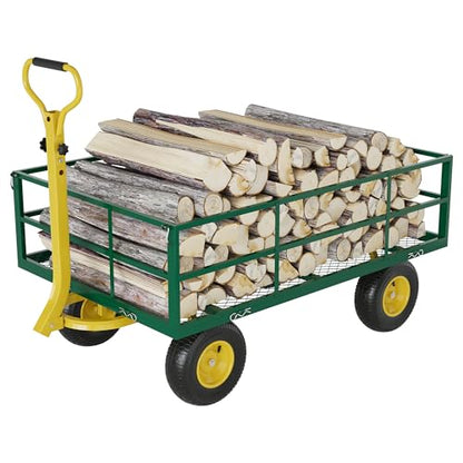 Heavy Duty Steel Garden Cart Wagon - 1200 lbs Capacity - 3-in-1 Utility Wagon - 13" All-Terrain Tires - Removable Mesh Sides - 180° Rotating Handle - Yard, Lawn, Farm - Green + Yellow - size: 1200 lbs