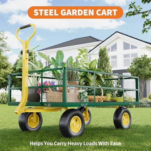 Heavy Duty Steel Garden Cart Wagon - 1200 lbs Capacity - 3-in-1 Utility Wagon - 13" All-Terrain Tires - Removable Mesh Sides - 180° Rotating Handle - Yard, Lawn, Farm - Green + Yellow - size: 1200 lbs