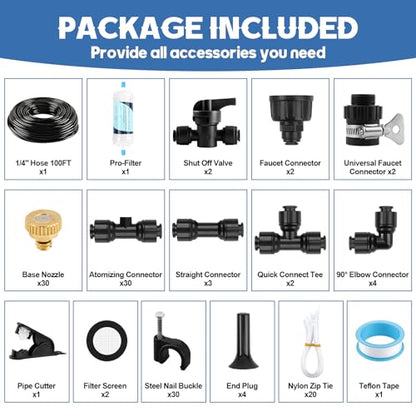 Kalolary 100FT Misters for Outside Patio with 30 Brass Mist Nozzles - size: 100FT-Black