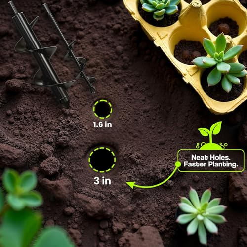 2pk Auger Drill Bit for Planting with Gloves (1.6 x 9 + 3 x 10 Inch) - Heavy Duty Garden Spiral and Bulb Planter Tool for Digging Holes - Compatible with 3/8 Inch Hex Drive - size: 1.6 x 9 + 3 x 10 Inch