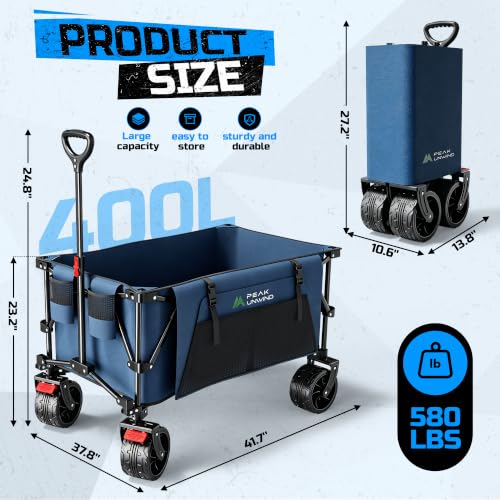 400L Folding Wagon Cart with Brakes & Removable Table, 580lbs Heavy Duty Collapsible Wagon, Big All-Terrain Wheels for Camping, Sports, Grocery, Outdoor - Blue - color: Blue-big