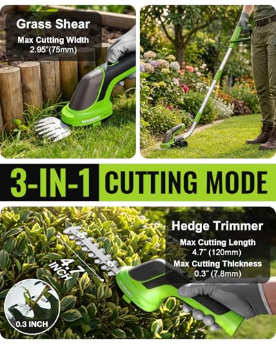 WORKPRO 3-in-1 3.6V Cordless Hedge Trimmer with 37" Wheeled Extension Pole - size: Long Handle Grass Shear