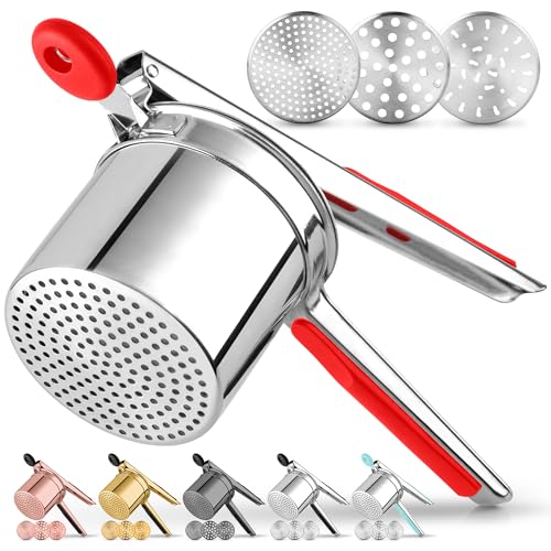 Zulay Kitchen Premium Large 15oz Potato Ricer, Heavy Duty Professional Stainless Steel Potato Masher and Ricer Kitchen Tool, Press and Mash Kitchen Gadget - Red and Silver - color: Red & Silver, size: Three Discs