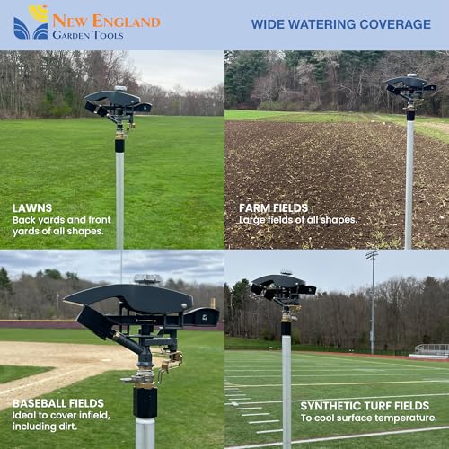 Heavy Duty Tripod Sprinkler 300003, Long Range Sprinkler with 100 FT Reach, 6 Feet Adjustable Tripod Height, 360° Range Control, for Farm, Lawn, Field, Orchard Irrigation by New England Garden Tools