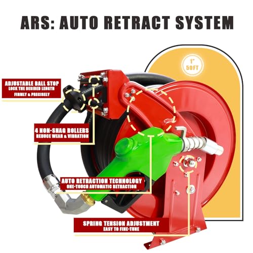 Fuel Hose Reel,Ratchet Spring-Driven Retractable 1"x 50' Diesel Hose Reel W/Swivel, AUTO Fuel Nozzle,SS Eblow Barb Fitting,300 PSI,1"NPT Inlet,1" Outlet Heavy Duty Steel Construction - color: Red, size: 1"-50FT