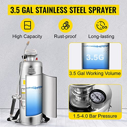 Happybuy 3.5 Gallon Stainless Steel Sprayer, 20" Wand & 3FT Reinforced Hose, Pressure Gauge, Safety Valve&Adjustable Nozzle, Garden Weed Pump Sprayer for Lawn, Gardening - size: 3.5 Gallon