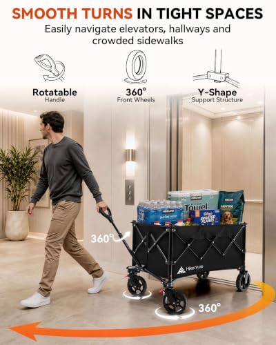 Hikenture Wagons Carts Foldable 330LBS, Heavy Duty Collapsible Wagon - color: Black, size: 5.3 cu ft / 150 L