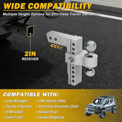 Aluminum Adjustable Trailer Hitch for 2-Inch Receiver 8 Inch Drop/Rise Hitch Ball Mount with 2" and 2-5/16" Ball Hitches Heavy Duty 12,500 LBS GTW Towing Hitch - color: Silver-8Inch