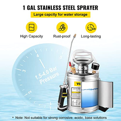 Happybuy 1 Gallon Stainless Steel Pump Sprayer, 12" Wand & 3FT Reinforced Hose, Pressure Gauge, Safety Valve & Adjustable Nozzle, Garden Weed Sprayer for Lawn, Gardening, Sanitizing | Yard Sprayer, Gardening & Sanitizing, 12" Wand & 3 FT Reinforced Hose,