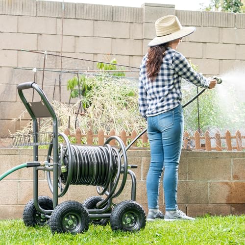 XtremepowerUS Hose Reel Cart, Hose Cart with Wheels, Water Hose Reel Cart Hose Reels for Outside, 300-Feet Hose Capacity, Grey
