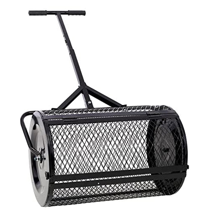 24" Peat Moss Spreader for Lawns Compost, Fertilizer, Topsoil, and Seed Spreader Roller, Heavy Duty Metal Mesh Lawn & Garden Drop Spreader, Adjustable Push T-Handle Manure Roller - size: 0.5" x 1" mesh