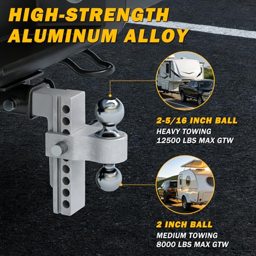Aluminum Adjustable Trailer Hitch for 2-Inch Receiver 8 Inch Drop/Rise Hitch Ball Mount with 2" and 2-5/16" Ball Hitches Heavy Duty 12,500 LBS GTW Towing Hitch - color: Silver-8Inch