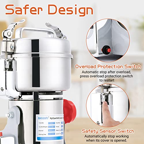 Electric Grain Mill Grinder 800g High-speed Grain Spice Herb 1800W Dry Grinding Machine 304 Stainless Steel Superfine powder High-speed Grain Mill 36000r/min for Kitchen Home and Commercial - size: 800G
