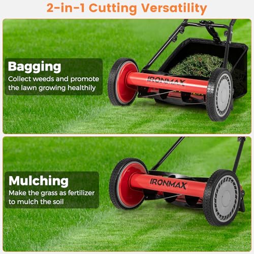 IRONMAX 16 Inch 5-Blade Push Reel Mower, Removable Grass Catcher, Red - color: Red, size: 16 Inch