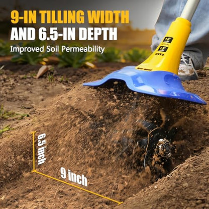 Electric Tiller for Gardening Compatible with Dewalt 20V Battery(Tool Only),330RPM Garden Tiller with 48 Steel Tines,9'' Tilling Width & 6.5'' Depth Rototillers for Lawn/Soil Cultivation - color: Yellow