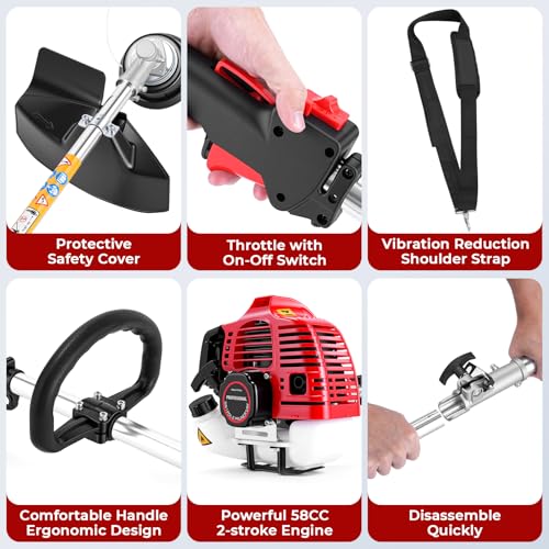 58CC 2-Cycle Gas Powered Weed Wacker, 5-in-1 Multi-Function String Trimmer - color: Red-1